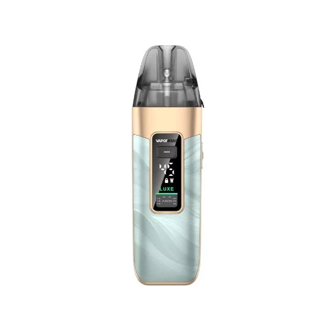 Fluid Green colourway — swirled pale mint-green front panel with gold trim edges, two-tone finish.
Alt text (primary): A mint green and gold Vaporesso LUXE X3 Pod Vape Kit in a Fluid Green swirled finish, with a digital display and dark clear pod.