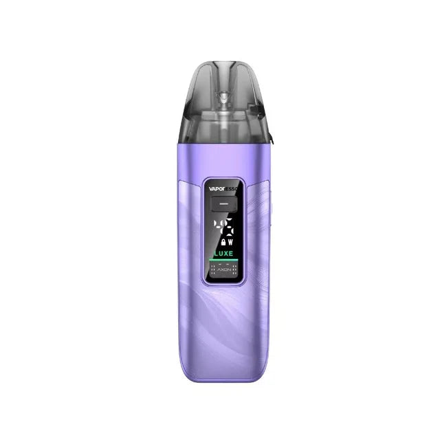 A purple Vaporesso LUXE X3 Pod Vape Kit in a Fluid Purple swirled finish, with a digital display and dark clear pod.
