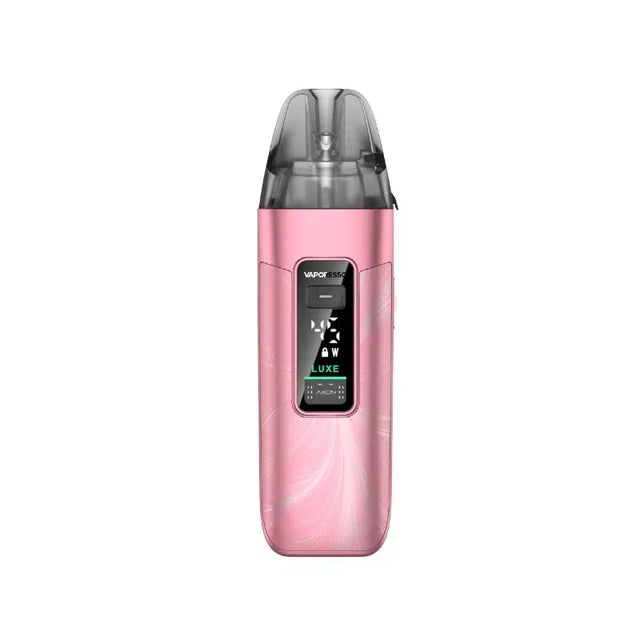A pink Vaporesso LUXE X3 Pod Vape Kit in a Sheer Pink swirled finish, with a digital display and dark clear pod.