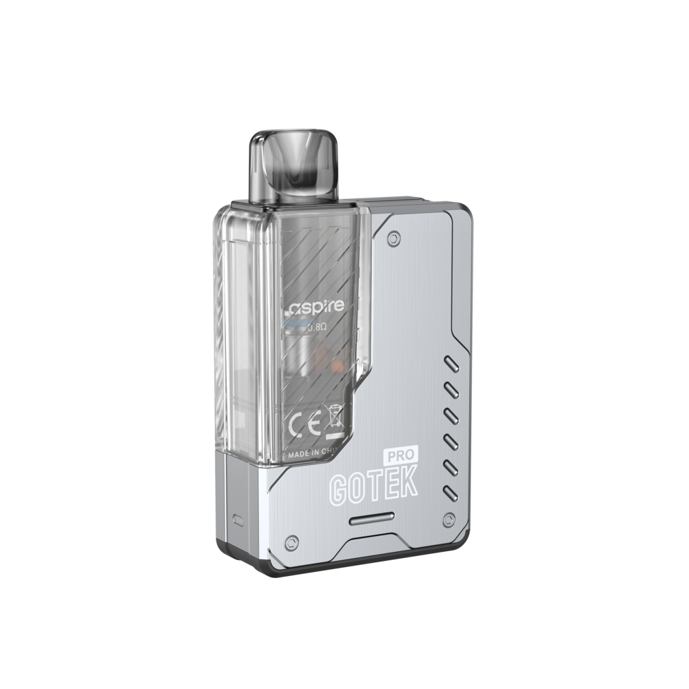 An Aspire Gotek Pro Kit in a bright silver finish, showing a clear pod with visible coil marked "0.8Ω" and "GOTEK PRO" embossed on the brushed metal body.