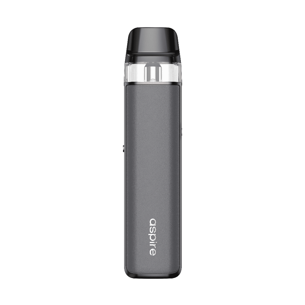 A gun metal grey Aspire LOOMIX vape kit, rear view, with a smooth metallic body and a black pod with a clear liquid window on top.