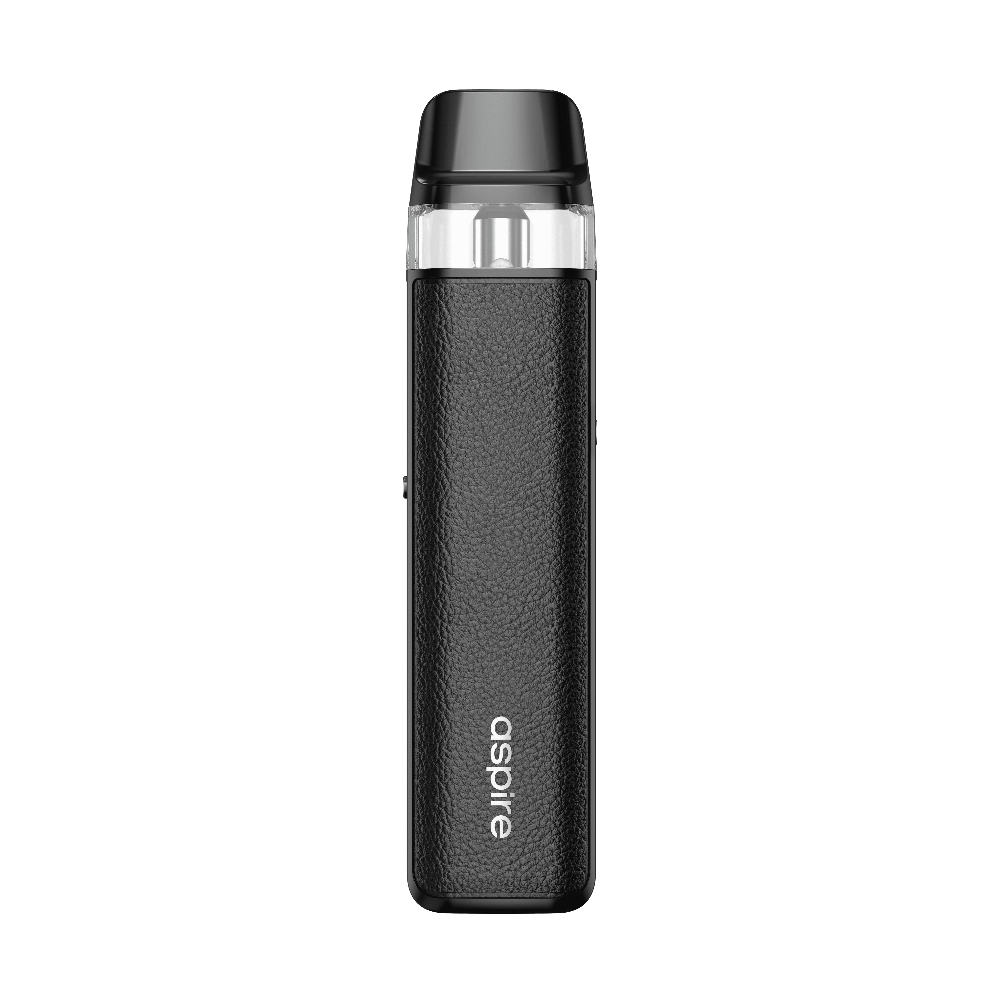 A black Aspire LOOMIX vape kit, rear view, with a textured leather-effect body, silver trim, and a black pod with a clear liquid window on top.