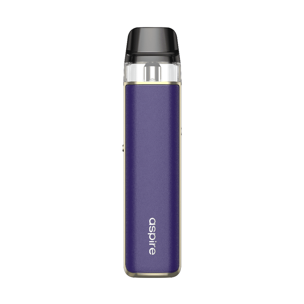 A purple Aspire LOOMIX vape kit, rear view, with a textured leather-effect body, gold trim, and a black pod with a clear liquid window on top.