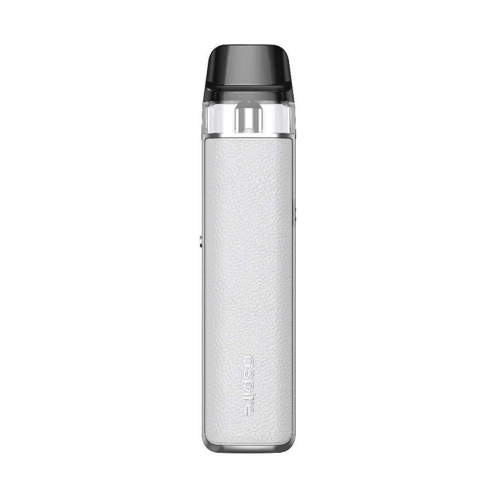 A white Aspire LOOMIX vape kit, front view, with a textured leather-effect body, silver trim, and a black pod with a clear liquid window on top.