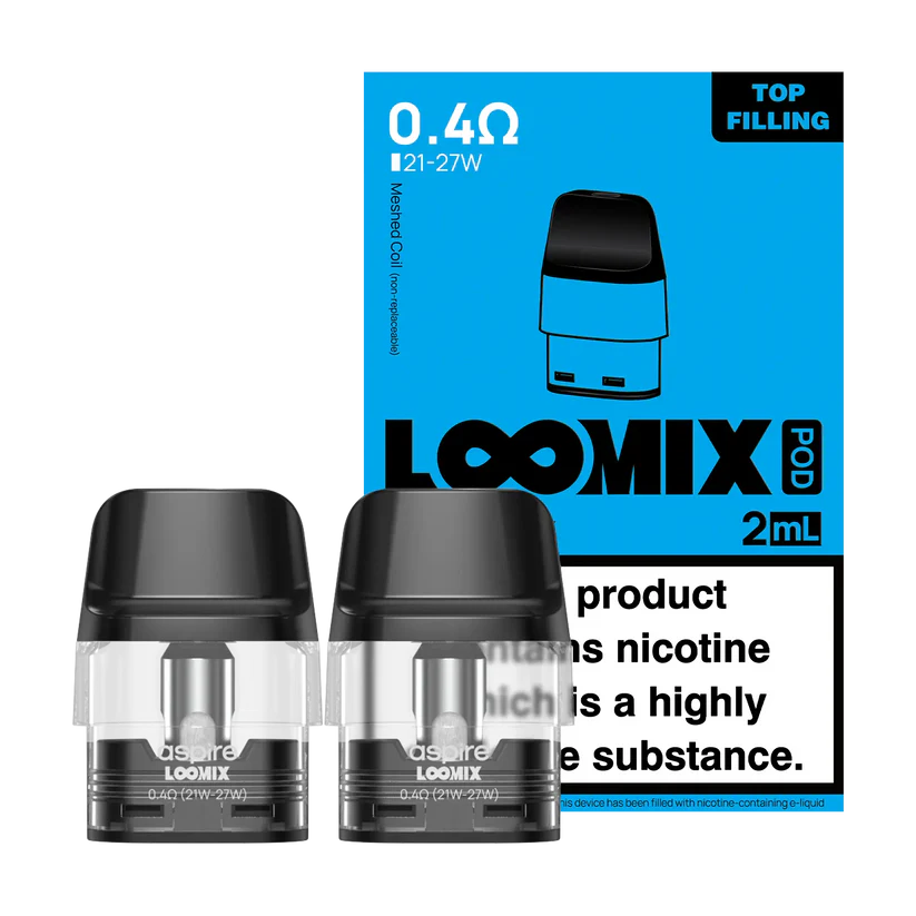 Two black Aspire LOOMIX 0.4Ω vape pods beside a blue 2mL LOOMIX Pod box showing top-filling and a nicotine warning label.