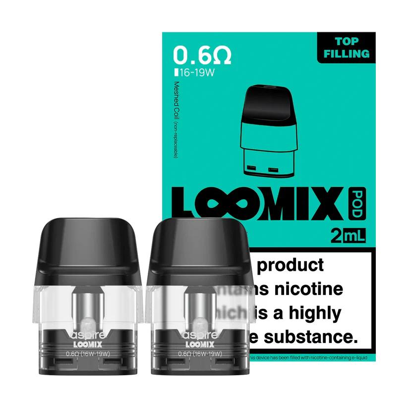 Two black Aspire LOOMIX 0.6Ω vape pods beside a teal 2mL LOOMIX Pod box showing top-filling and a nicotine warning label