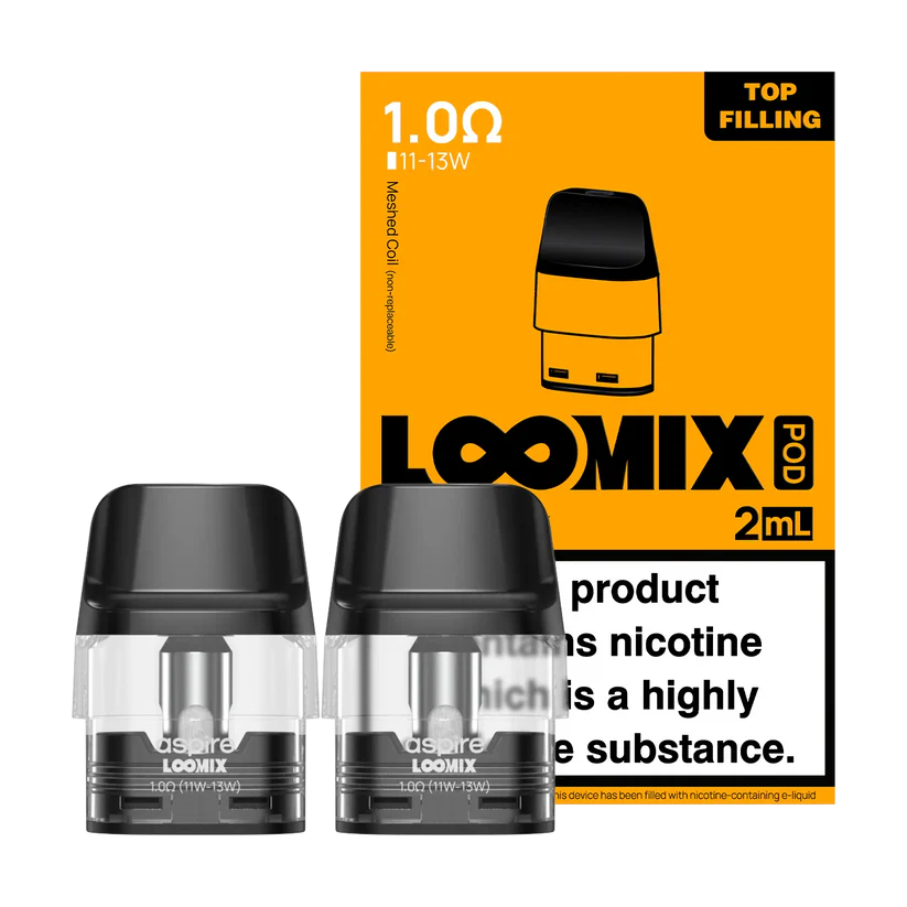 Two black Aspire LOOMIX 1.0Ω vape pods beside an orange 2mL LOOMIX Pod box showing top-filling and a nicotine warning label.