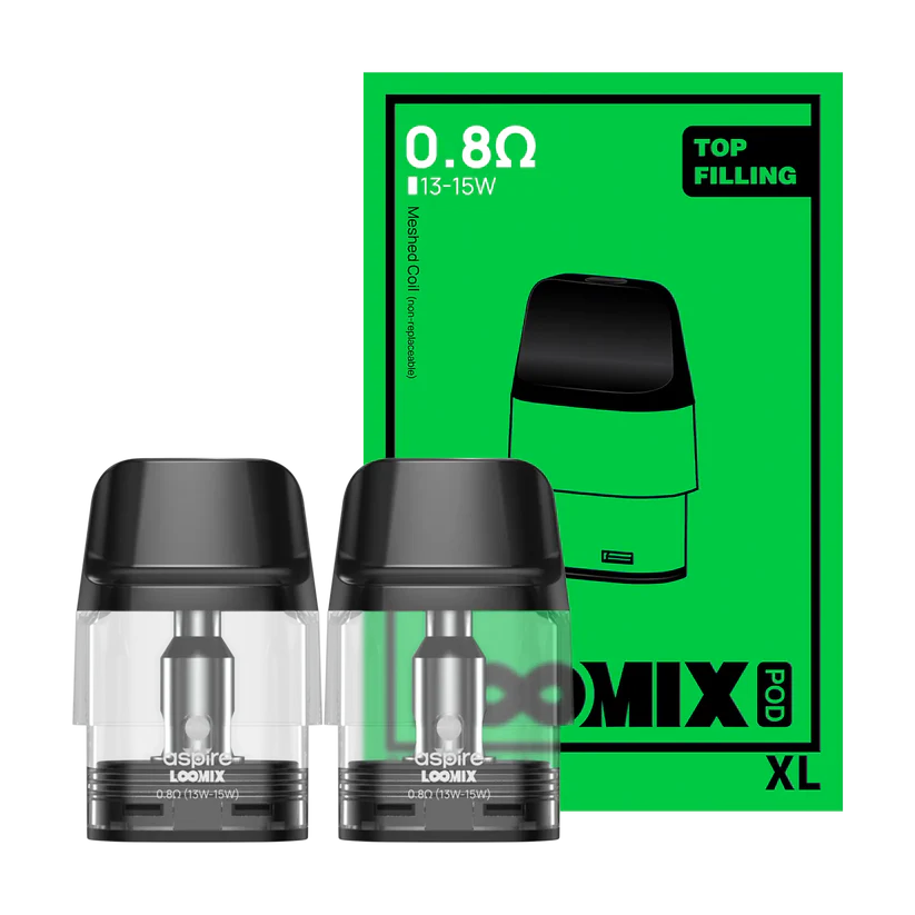 Two clear Aspire LOOMIX XL vape pods with black caps beside a green-outlined 0.8Ω LOOMIX Pod XL box showing top-filling.