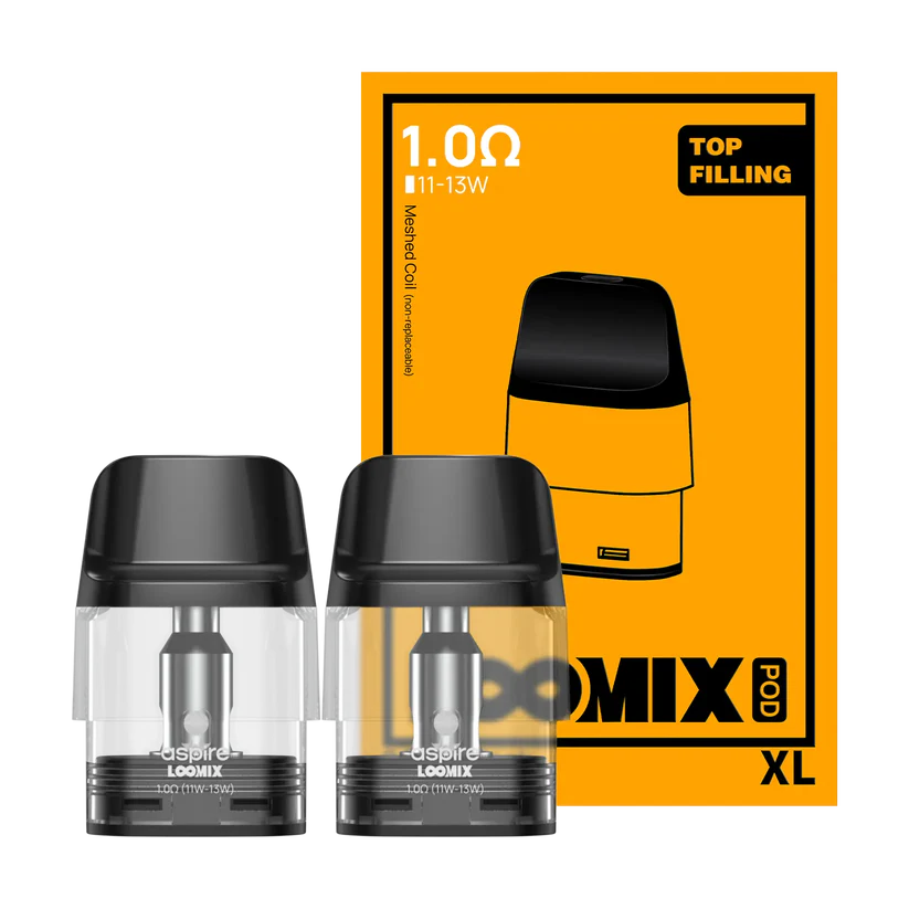 Two clear Aspire LOOMIX XL vape pods with black caps beside an orange-outlined 1.0Ω LOOMIX Pod XL box showing top-filling