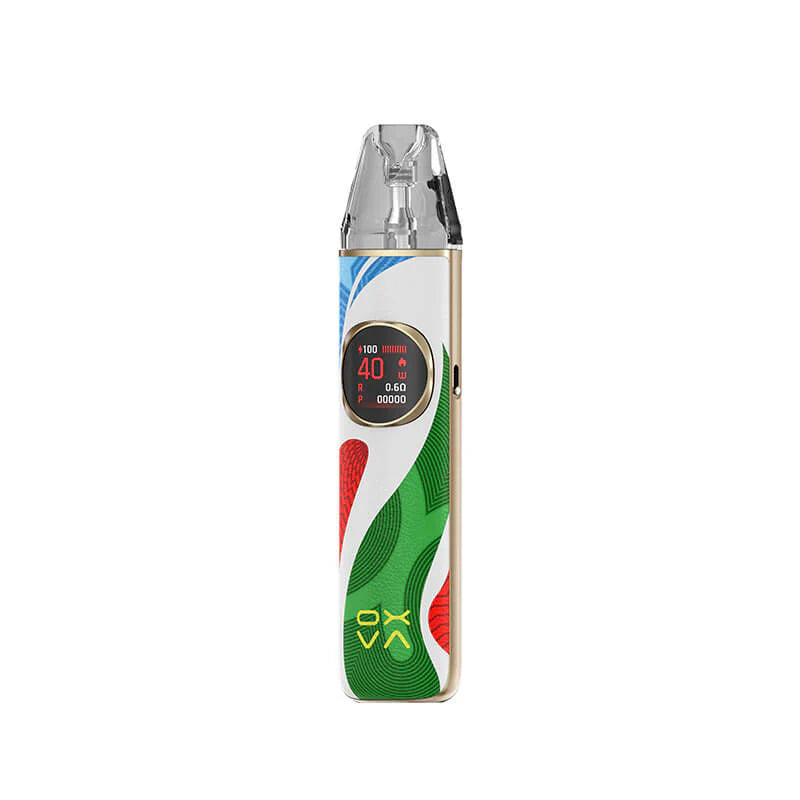 A white OXVA Nexlim 2 Vape Kit printed with a red, green and blue swirling graphic pattern, yellow "OXVA" logo, and gold trim, showing a round display reading 40W.