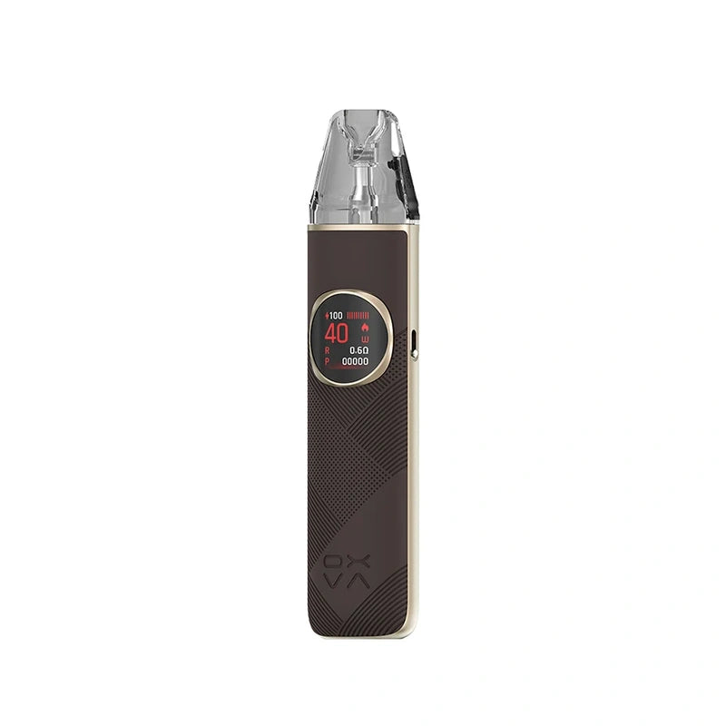 A dark brown OXVA Nexlim 2 Vape Kit with a leather-textured, diagonally lined body and gold trim, showing a round display reading 40W.
