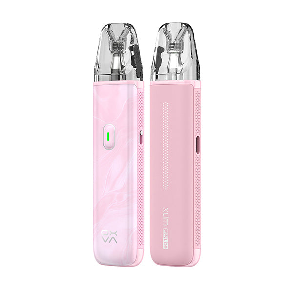 Two OXVA Xlim Go Lite Kit pod vape devices side by side, one in a swirled Light Pink marble finish and one in plain pink, both with clear pods and a battery indicator light.