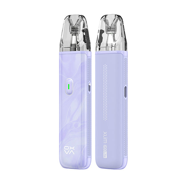 Two OXVA Xlim Go Lite Kit pod vape devices side by side, one in a swirled Light Purple marble finish and one in plain pale purple, both with clear pods and a battery indicator light.