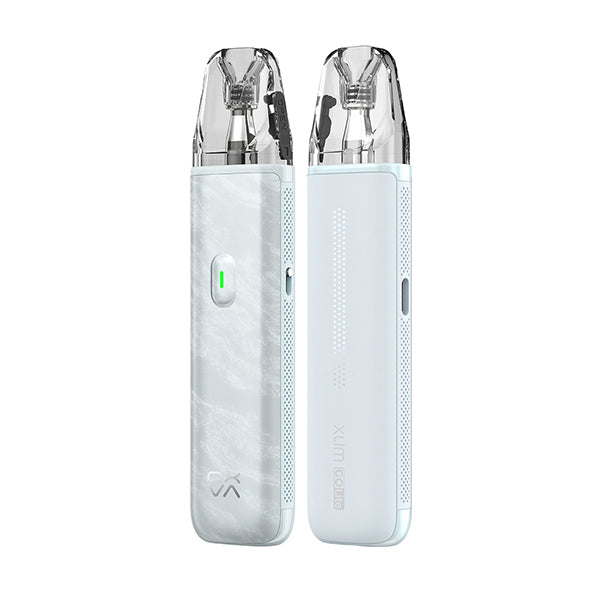 Two OXVA Xlim Go Lite Kit pod vape devices side by side, one in a marbled Mist White finish and one in plain white with pale blue accents, both with clear pods and a battery indicator light.