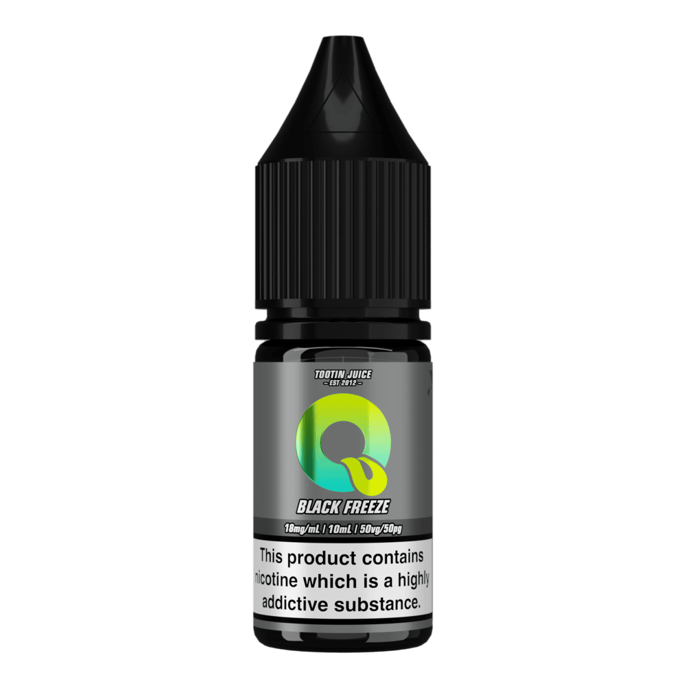 Tootin Juice Black Freeze 10ml nic salt bottle, grey label with green-to-yellow gradient 'Q' logo, 'TOOTIN JUICE EST 2012' branding, 18mg/mL strength, black cap, nicotine addictive warning label