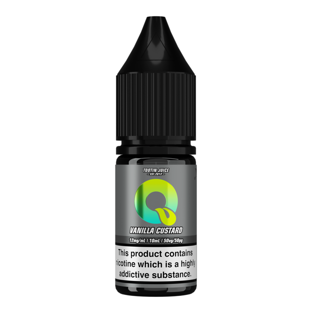 Tootin Juice Vanilla Custard 10ml nic salt bottle, grey label with green-to-yellow gradient "Q" logo, "TOOTIN JUICE EST 2012" branding, 12mg/mL strength, black cap, nicotine addictive warning label