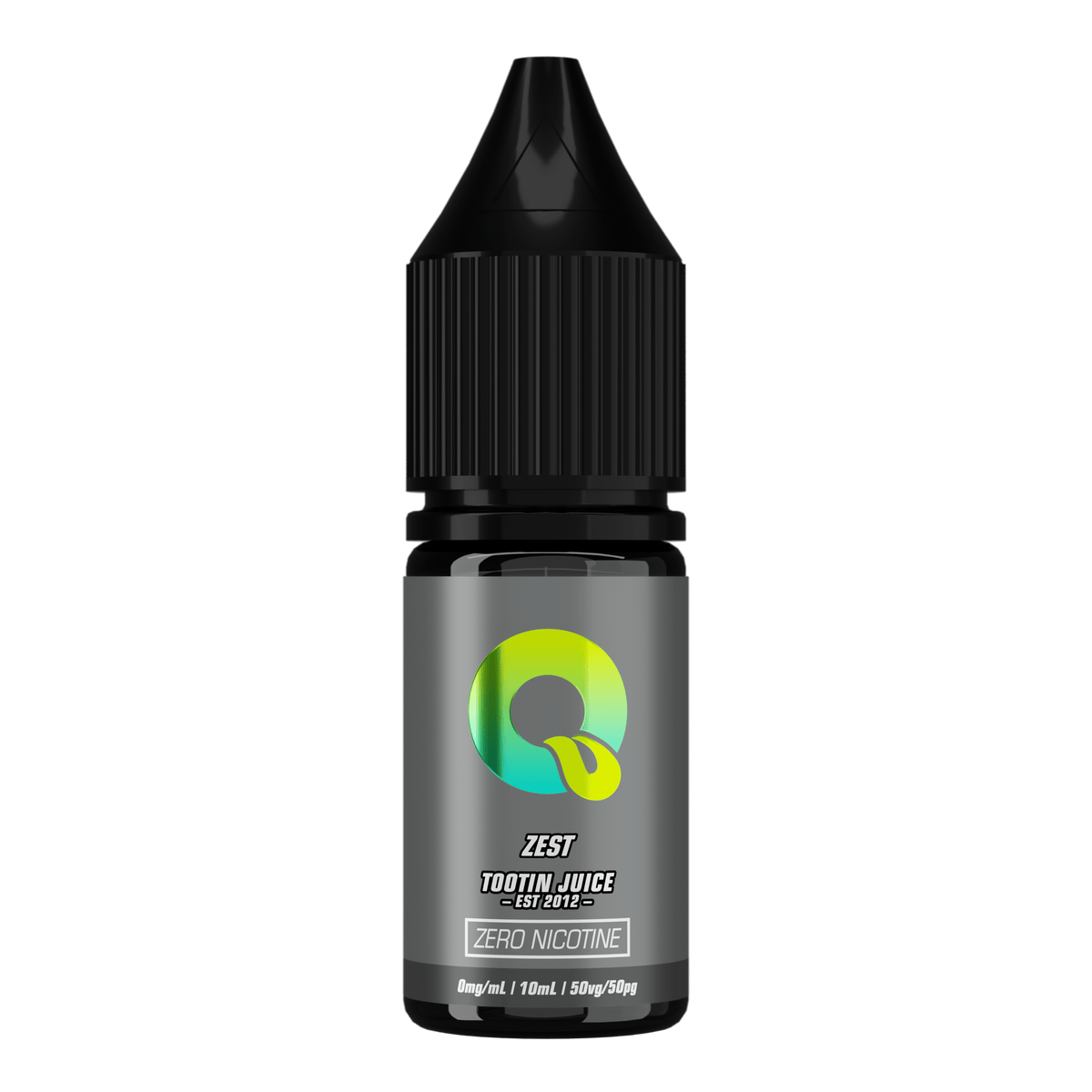 Tootin Juice Zest 10ml e-liquid bottle, dark grey label with green-to-yellow gradient "Q" logo, "TOOTIN JUICE EST 2012" branding, "ZERO NICOTINE" box, black cap, 0mg/mL 50VG/50PG