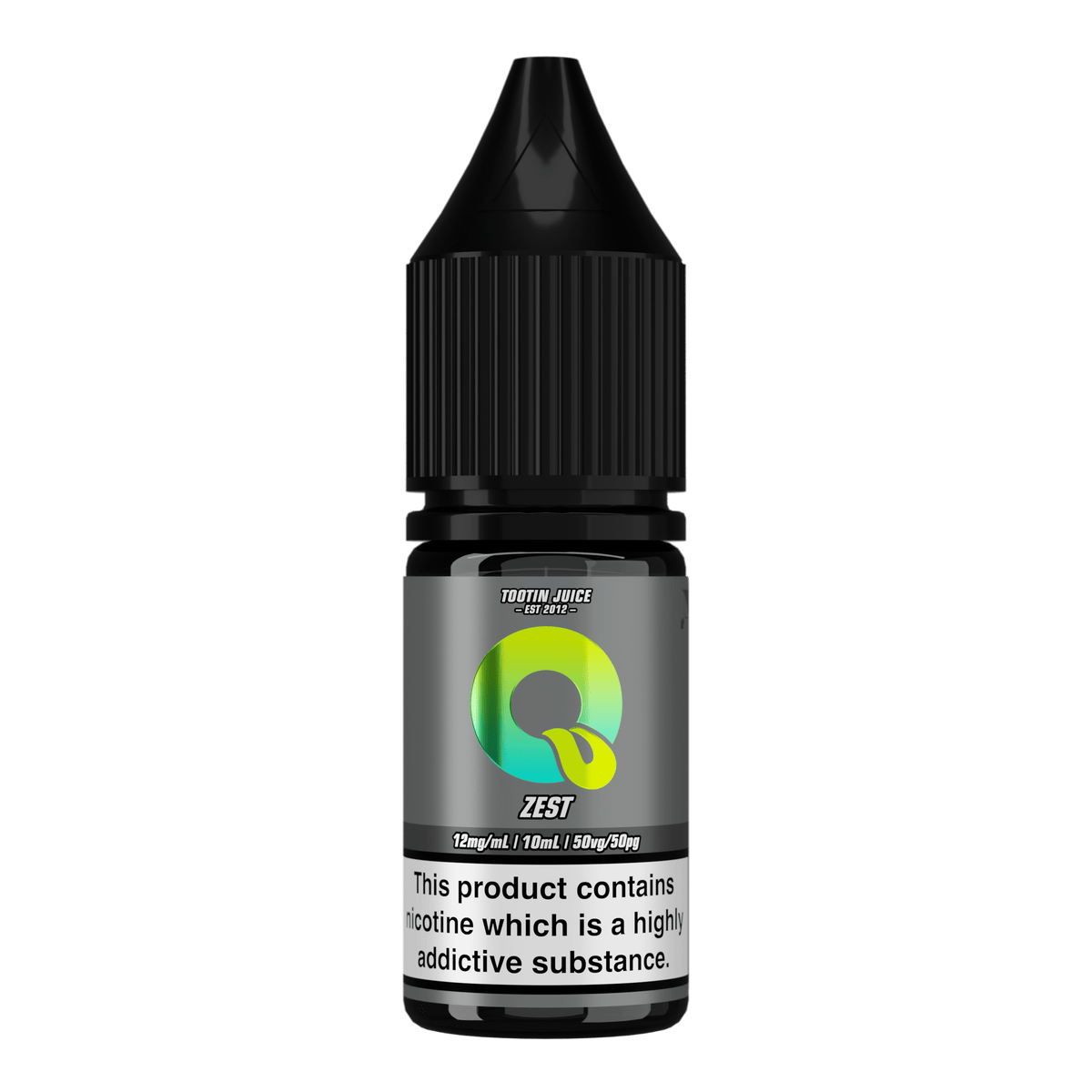 Tootin Juice Zest 10ml nic salt bottle, grey label with green-to-yellow gradient "Q" logo, "TOOTIN JUICE EST 2012" branding, 12mg/mL strength, black cap, nicotine addictive warning label