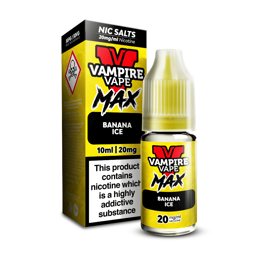 A yellow Vampire Vape Max Nic Salts Banana Ice 10ml bottle beside its box, with a hazard warning symbol.