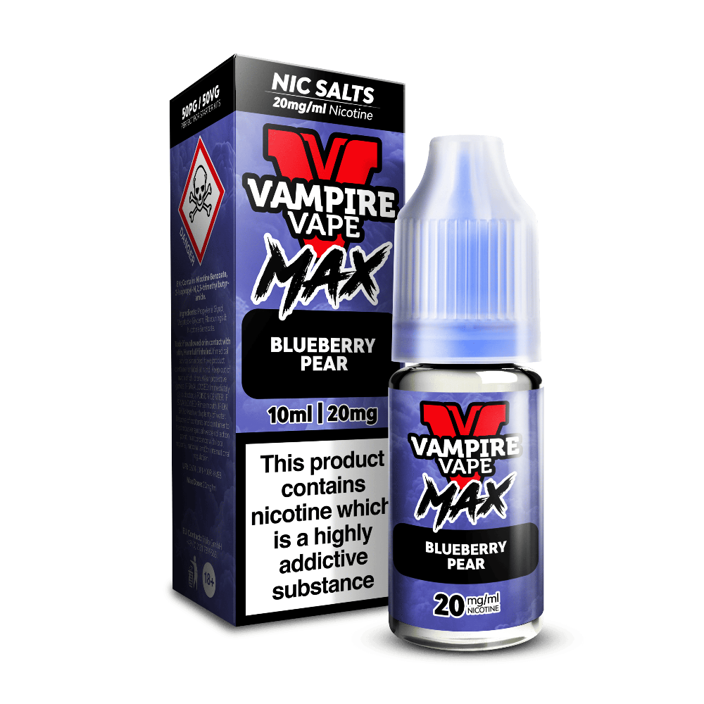A blue Vampire Vape Max Nic Salts Blueberry Pear 10ml bottle beside its box, with a hazard warning symbol.
