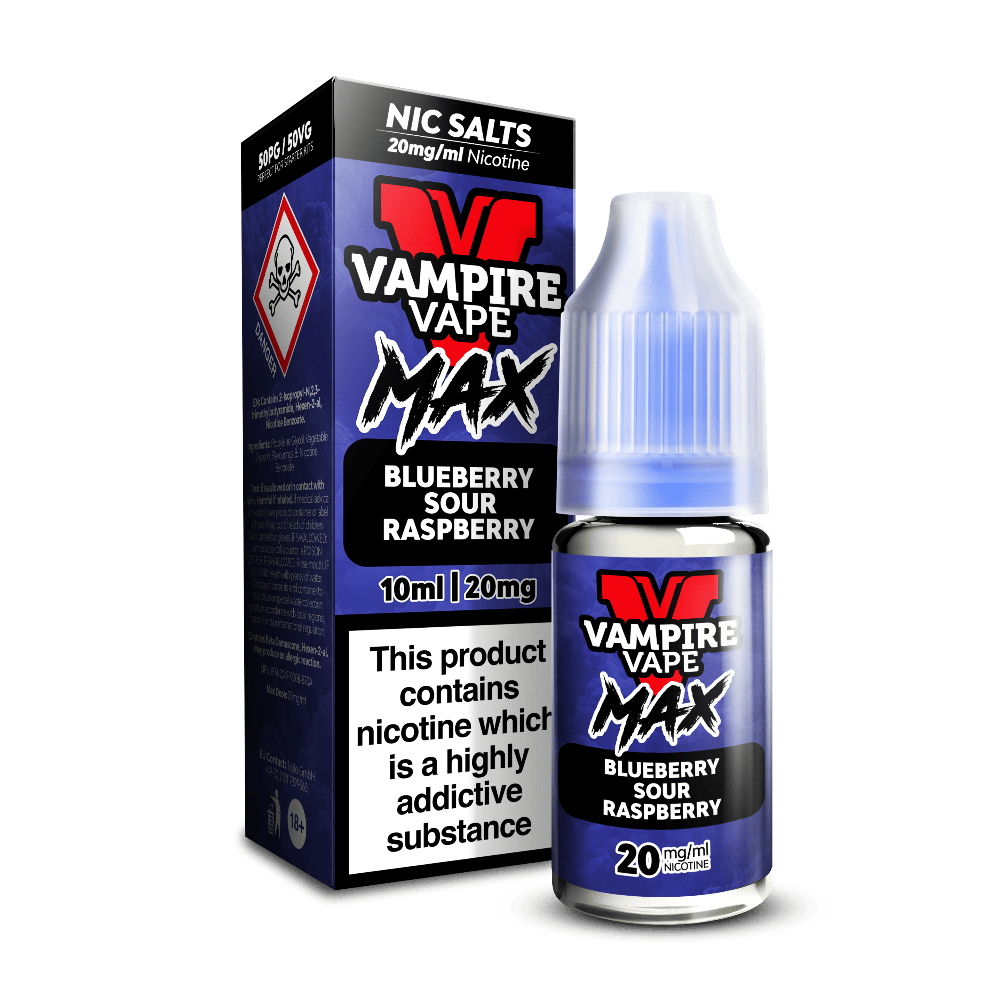 A blue Vampire Vape Max Nic Salts Blueberry Sour Raspberry 10ml bottle beside its box, with a hazard warning symbol.