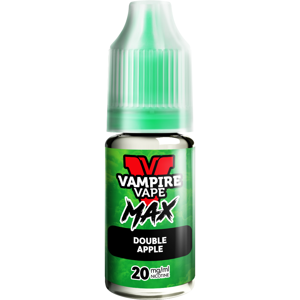 A close-up of a Vampire Vape Max Nic Salts Double Apple 10ml bottle with a green label and 20mg nicotine strength.