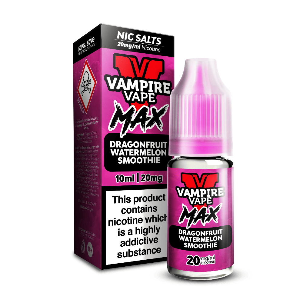 A pink Vampire Vape Max Nic Salts Dragonfruit Watermelon Smoothie 10ml bottle beside its box, with a hazard warning symbol.