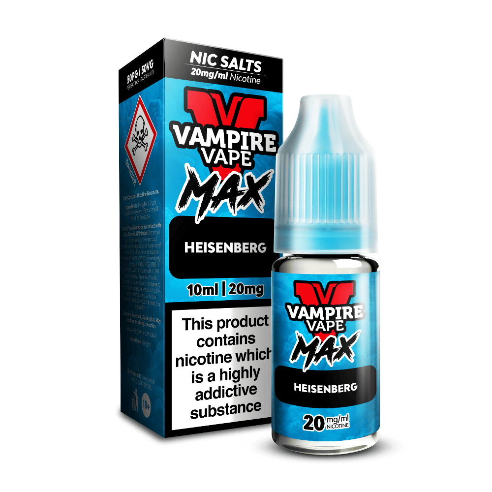 A blue Vampire Vape Max Nic Salts Heisenberg 10ml bottle beside its box, with a hazard warning symbol.