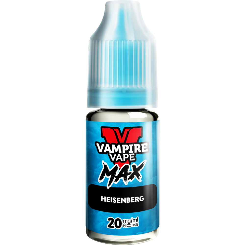 A close-up of a Vampire Vape Max Nic Salts Heisenberg 10ml bottle with a blue label and 20mg nicotine strength.