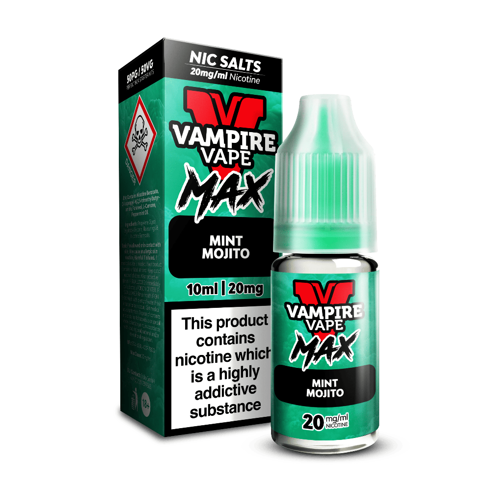 A green Vampire Vape Max Nic Salts Mint Mojito 10ml bottle beside its box, with a hazard warning symbol.