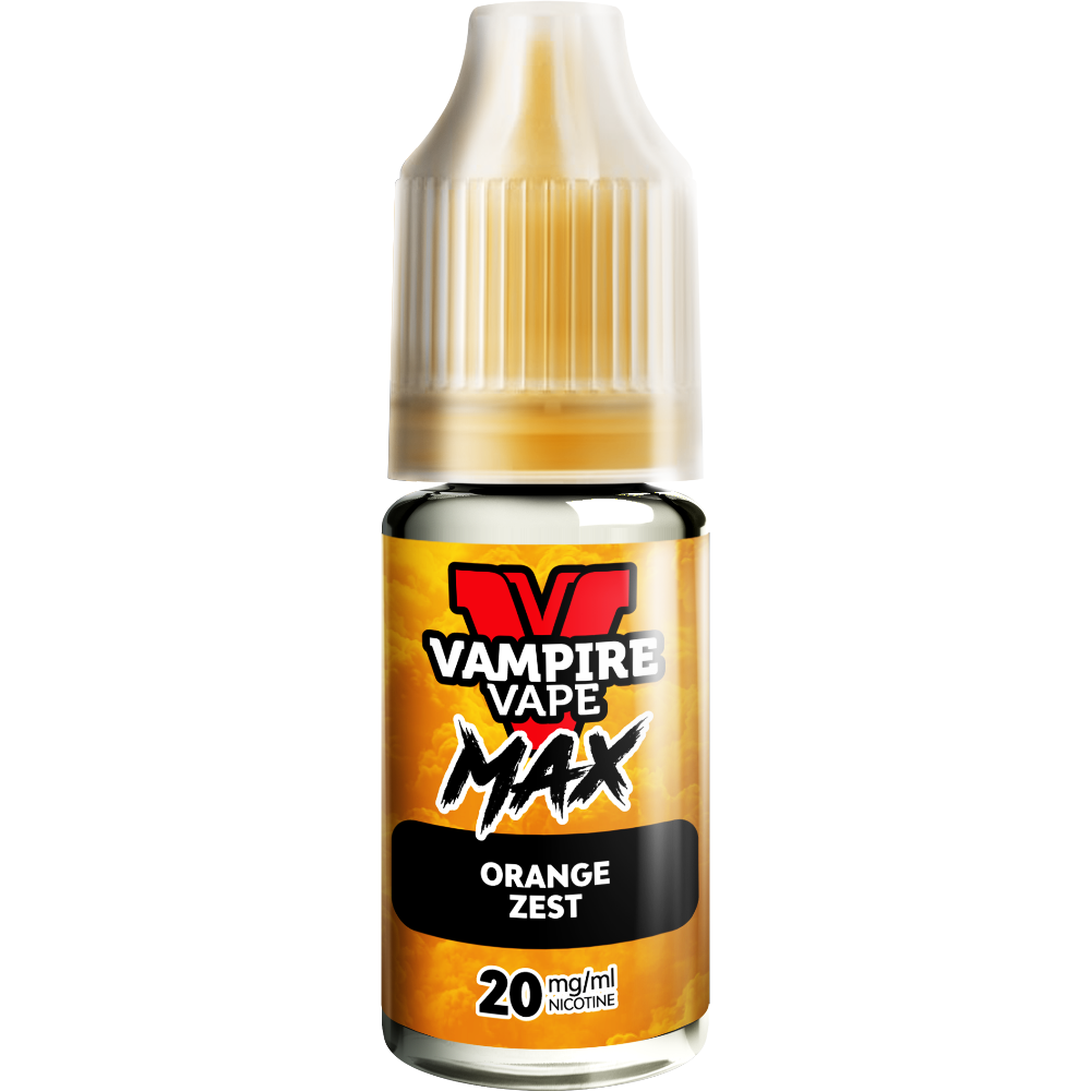A close-up of a Vampire Vape Max Nic Salts Orange Zest 10ml bottle with an orange label and 20mg nicotine strength.