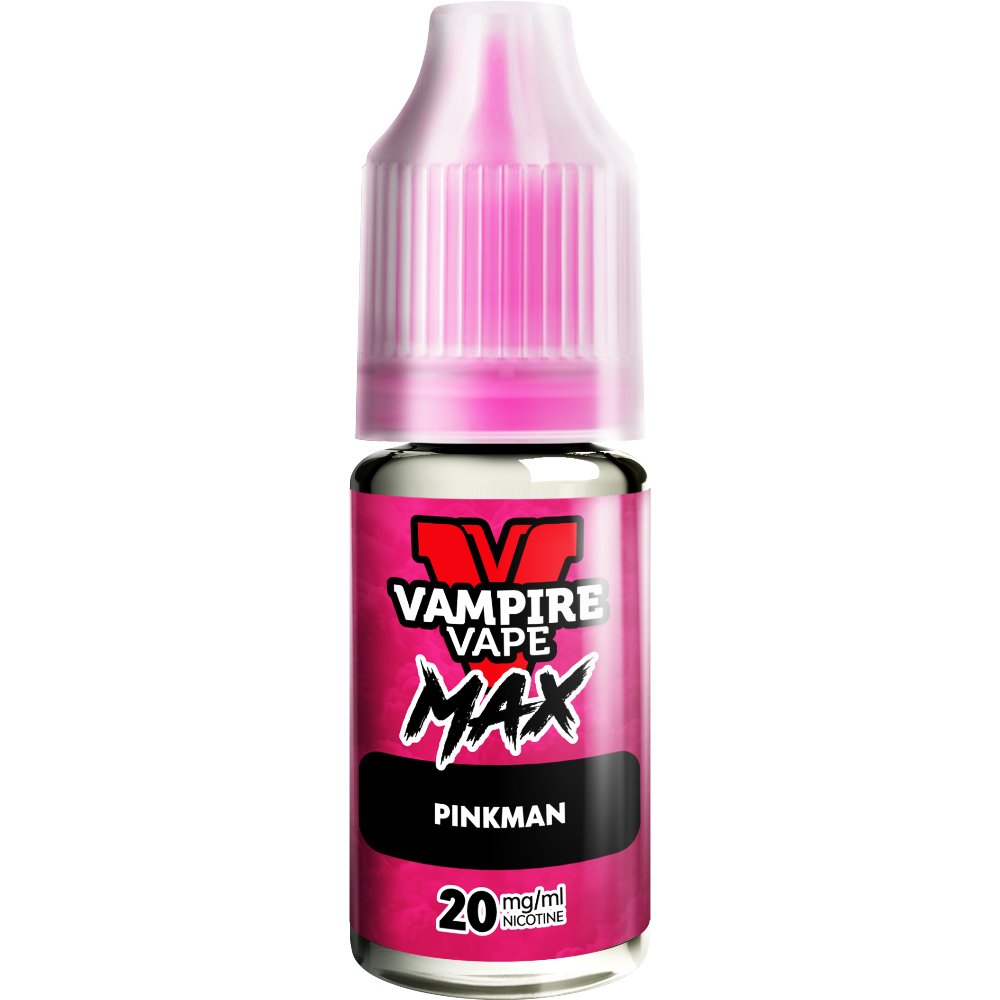 A close-up of a Vampire Vape Max Nic Salts Pinkman 10ml bottle with a pink label and 20mg nicotine strength.