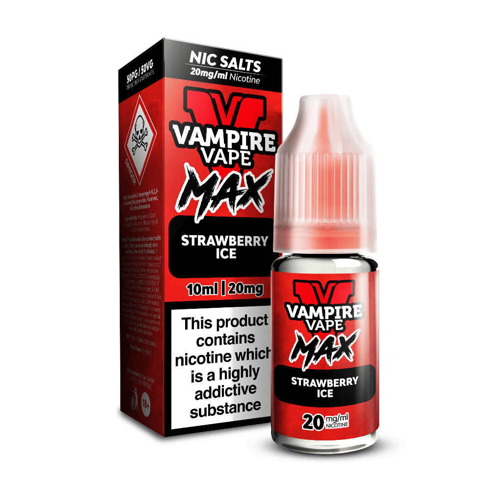 A red Vampire Vape Max Nic Salts Strawberry Ice 10ml bottle beside its box, 20mg nicotine, with a hazard warning symbol.