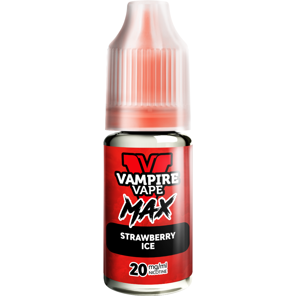 A close-up of a Vampire Vape Max Nic Salts Strawberry Ice 10ml bottle with a red label and 20mg nicotine strength.