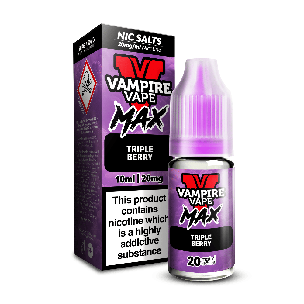 A purple Vampire Vape Max Nic Salts Triple Berry 10ml bottle beside its box, 20mg nicotine, with a hazard warning symbol.