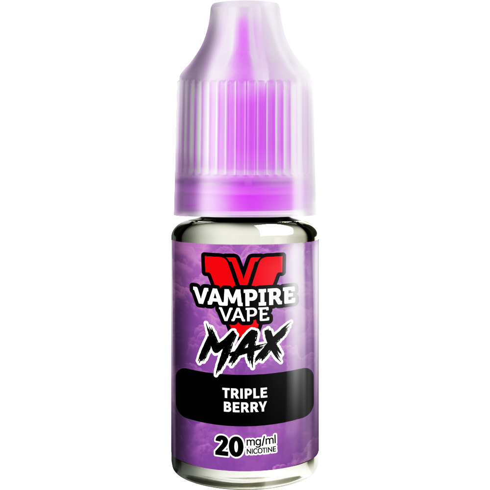 A close-up of a Vampire Vape Max Nic Salts Triple Berry 10ml bottle with a purple label and 20mg nicotine strength.