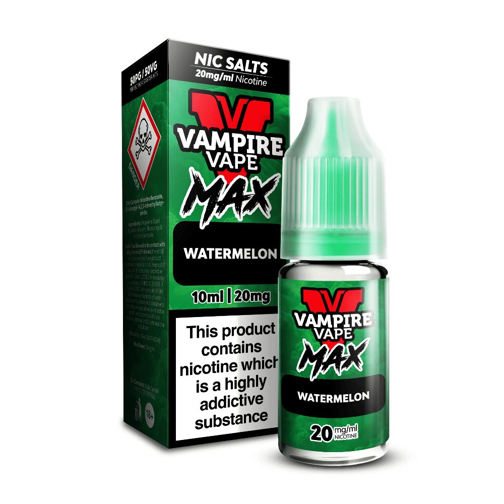 A green Vampire Vape Max Nic Salts Watermelon 10ml bottle beside its box, 20mg nicotine, with a hazard warning symbol.
