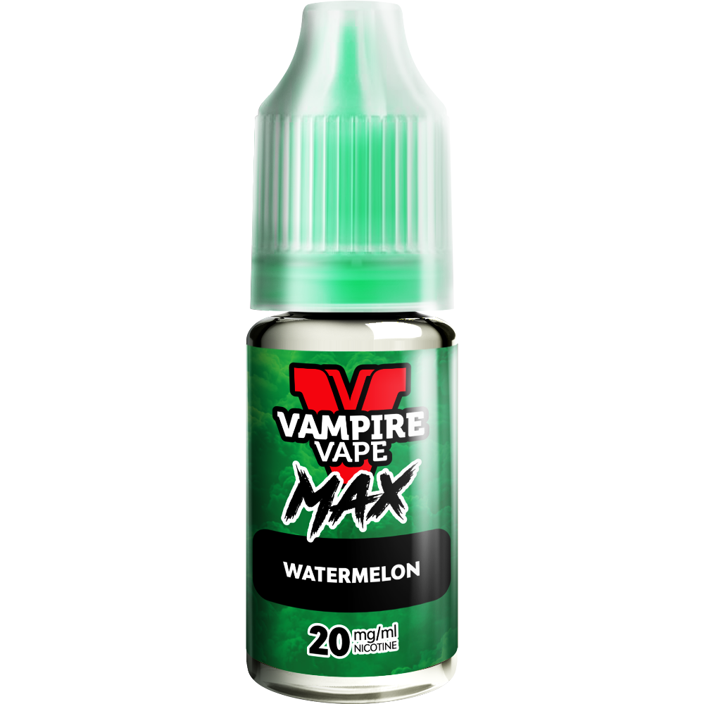 A close-up of a Vampire Vape Max Nic Salts Watermelon 10ml bottle with a green label and 20mg nicotine strength.