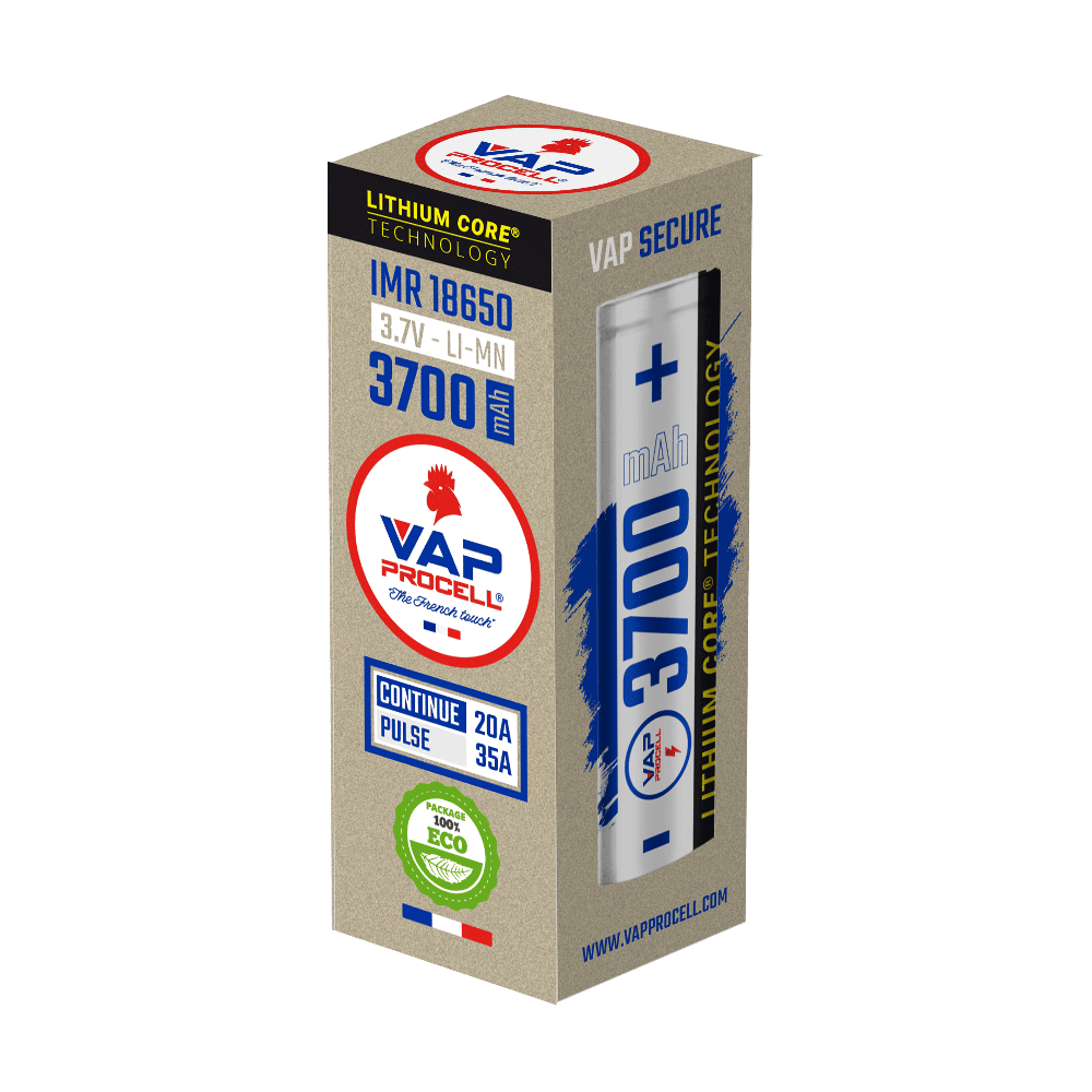 A kraft cardboard box for a VAP Procell IMR 18650 3700mAh battery, with a rooster logo, "Lithium Core Technology" branding and a "100% Eco" seal.