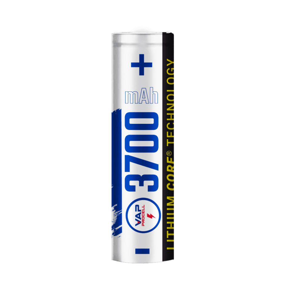A white VAP Procell 3700mAh battery with blue print and a black "Lithium Core Technology" side stripe