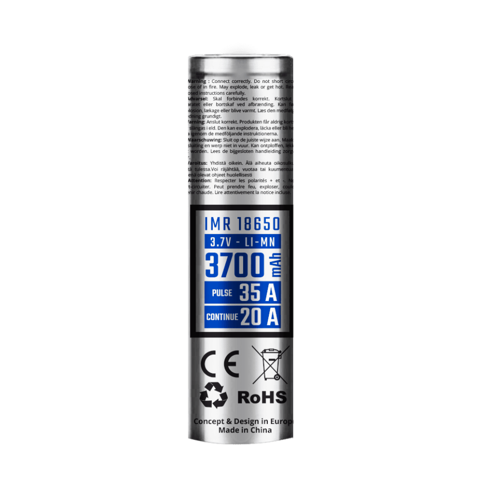Rear view of a silver VAP Procell IMR 18650 3700mAh battery, showing specs, safety warnings and certification marks.