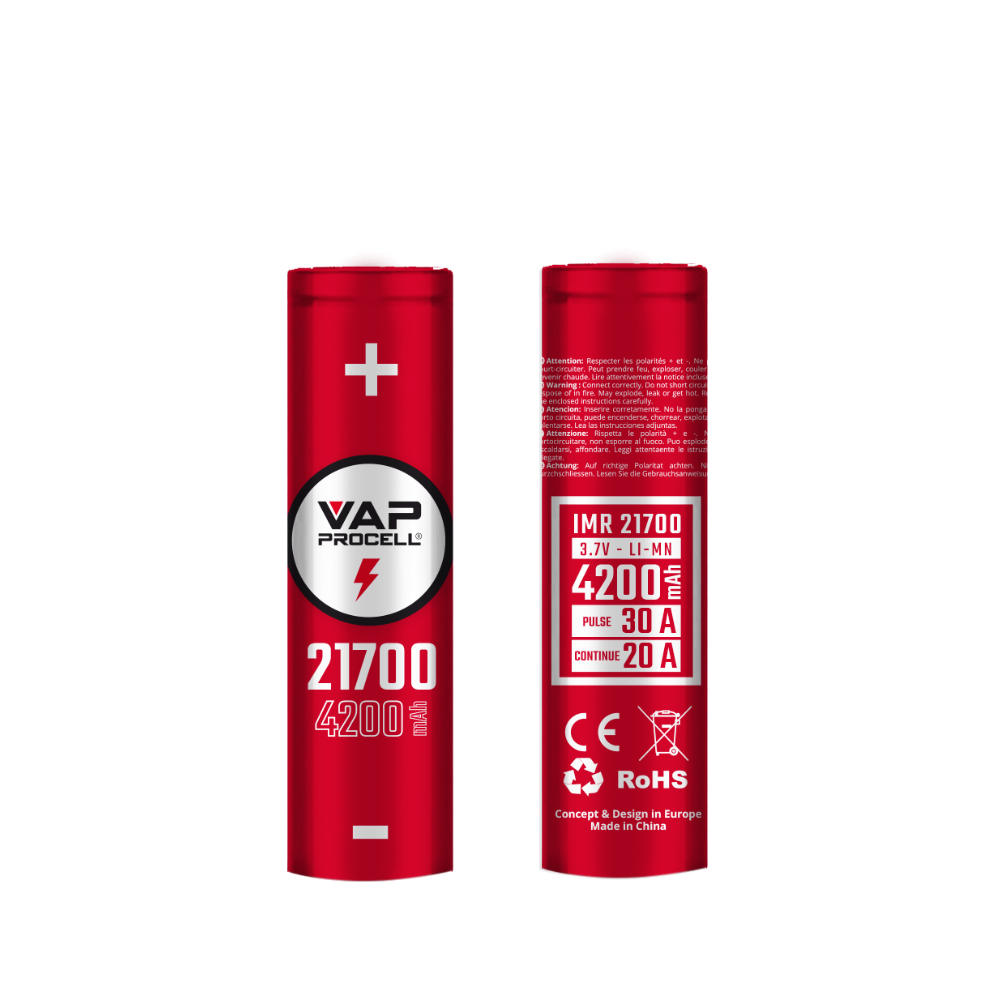 Front and rear view of a red VAP Procell 21700 4200mAh battery, showing the logo on the front and specs, safety markings and certifications on the back label.
