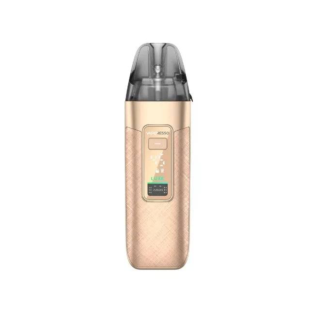 A gold Vaporesso LUXE X3 Pod Vape Kit in a Gold Silk textured finish, with a digital display and dark clear pod.