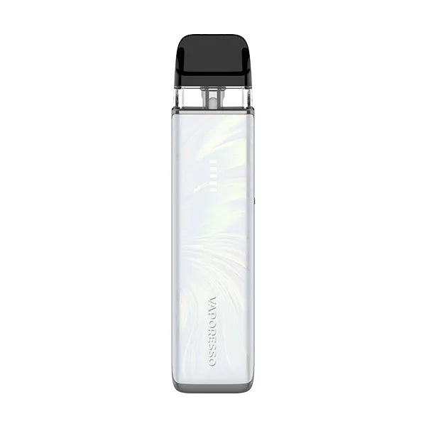 A pearlescent white Vaporesso XROS 6 Mini pod kit with a swirling feather-like "Plume" pattern and a five-bar lit battery indicator.