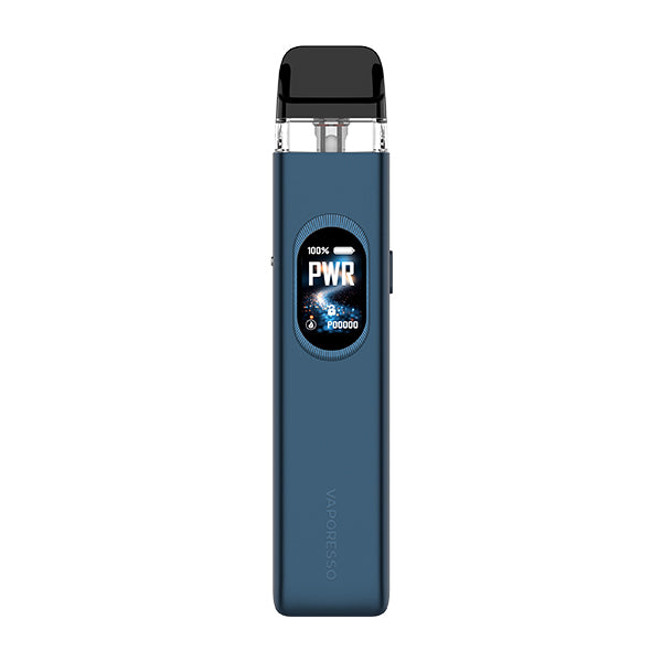 A navy blue Vaporesso XROS 6 Vape Kit in an Abyssal Blue finish, with an oval display showing 100% battery and power mode.