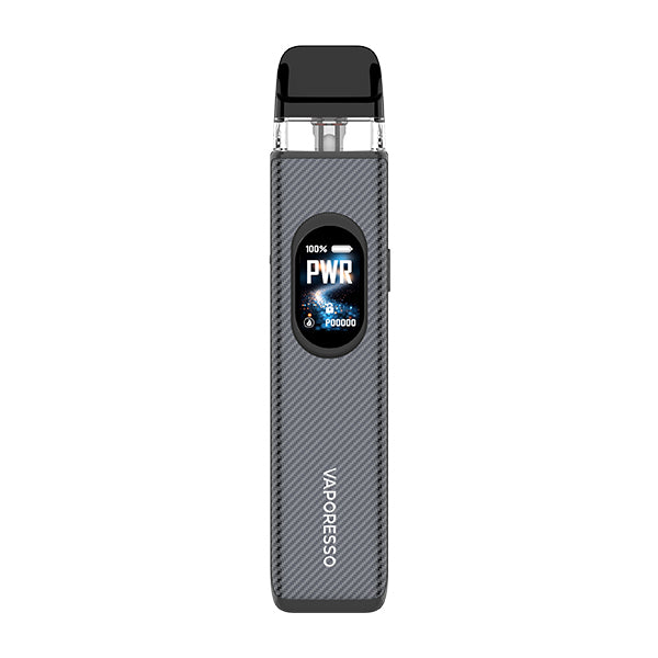 A grey Vaporesso XROS 6 Vape Kit in a Carbon Fiber Gray textured finish, with an oval display showing 100% battery and power mode.