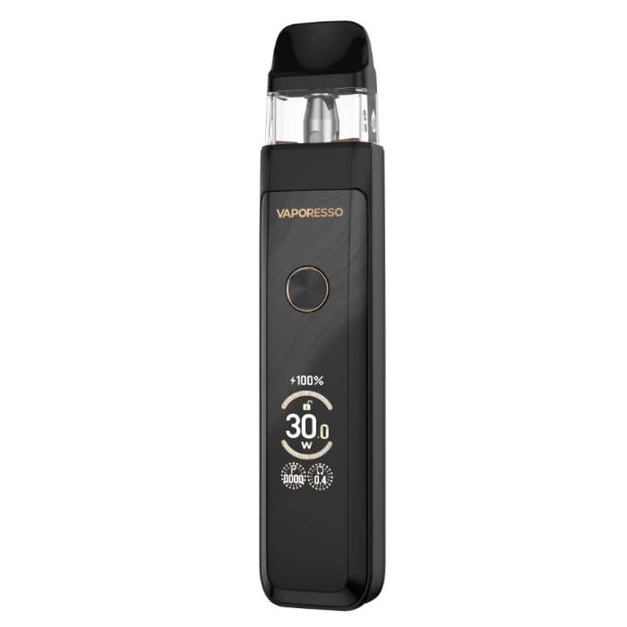 A black Vaporesso XROS Pro 2 pod vape in a Glittering Black textured finish, with a digital display showing 30.0W.