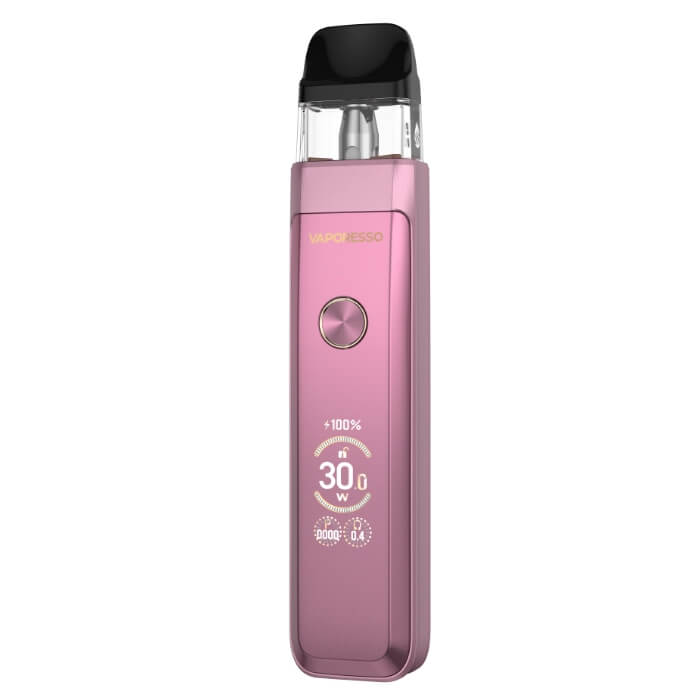 A pink Vaporesso XROS Pro 2 pod vape in a Moonlit Pink finish, with a digital display showing 30.0W.