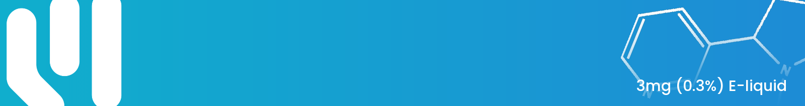A blue gradient banner with a white stylised logo on the left and an outlined nicotine molecule diagram on the right, with white text reading "3mg (0.3%) E-liquid"