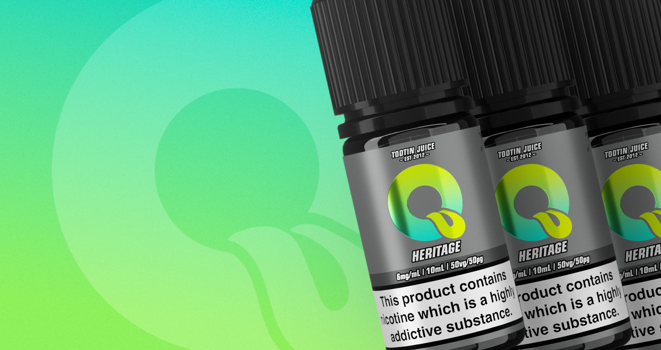 A green gradient Tootin Juice homepage banner with a watermarked logo and a row of Tootin Juice Heritage 10ml bottles.